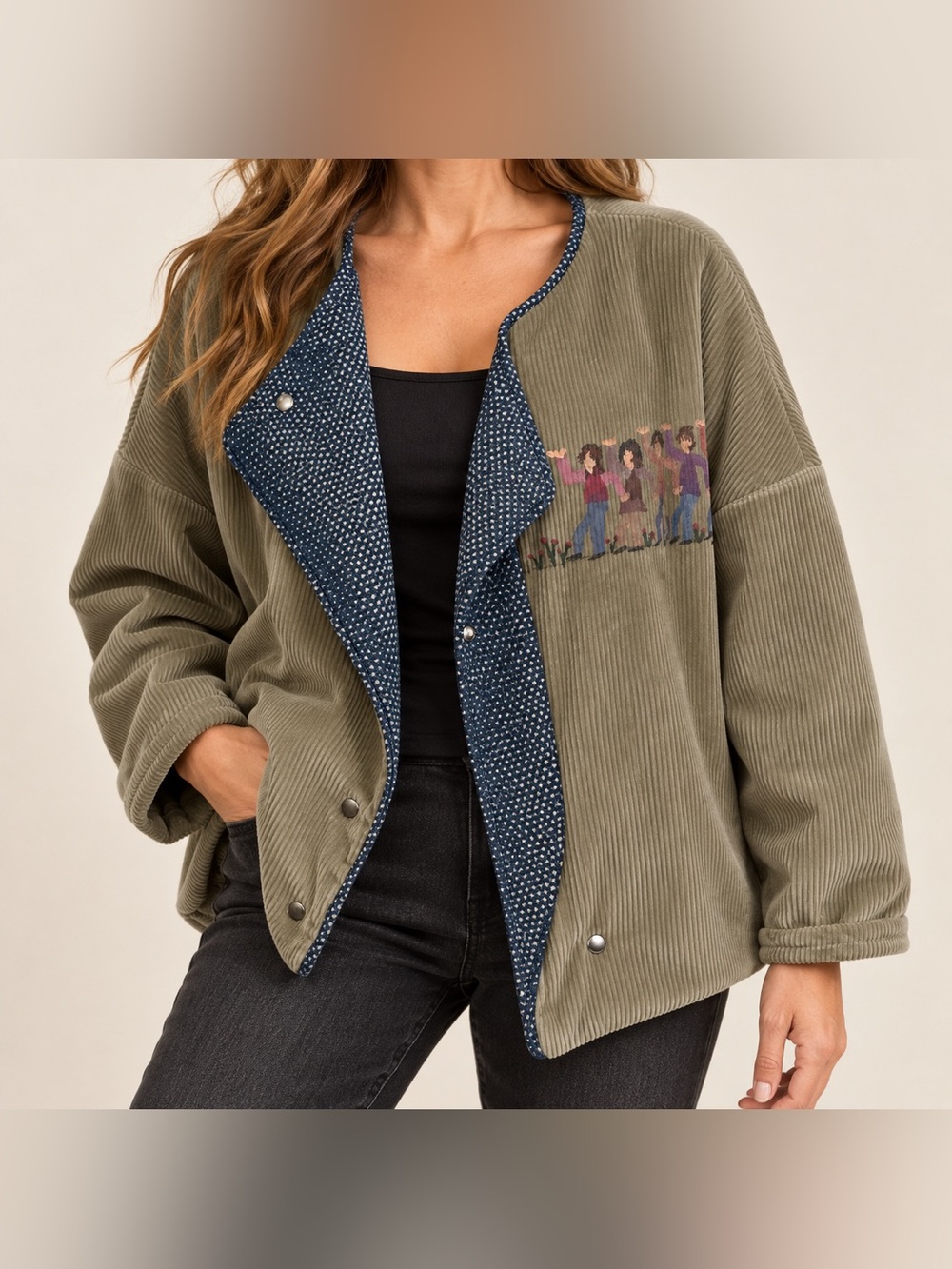 Dancing Figures Folk Art Olive Corduroy Jacket Navy Dotted Lapel Est M/L